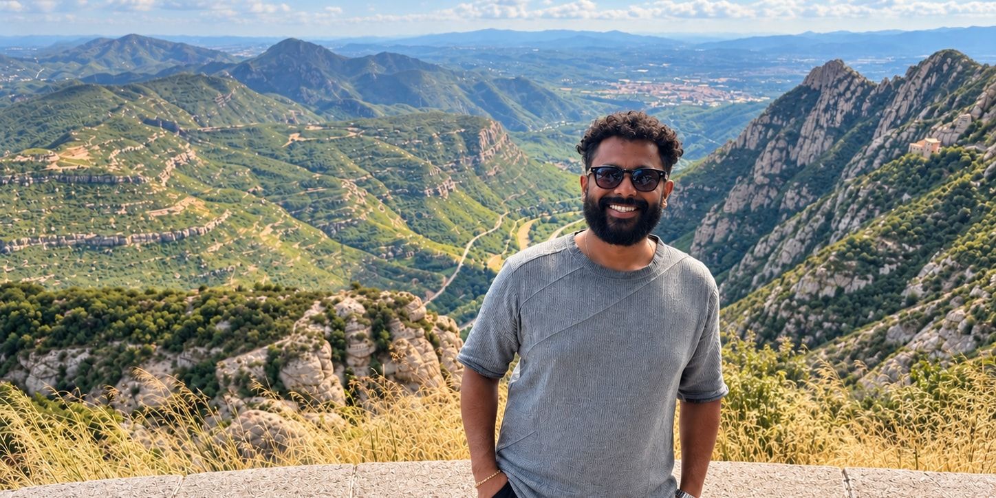 Peter Khalil above the valley at Montserrat, outside Barcelona.